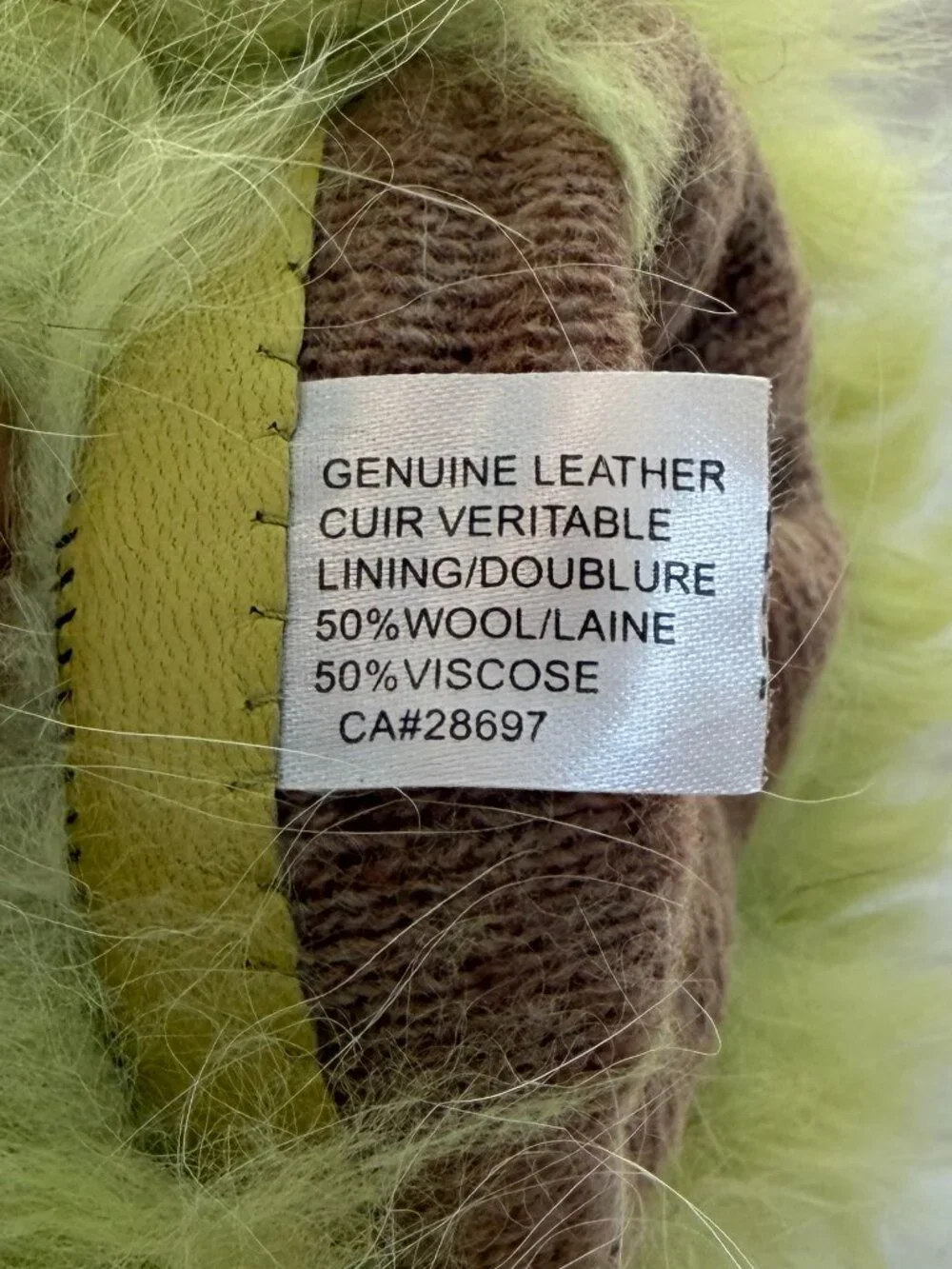 Genuine Leather Vintage Lime Green Wool Blend Fur Cuff Winter Gloves